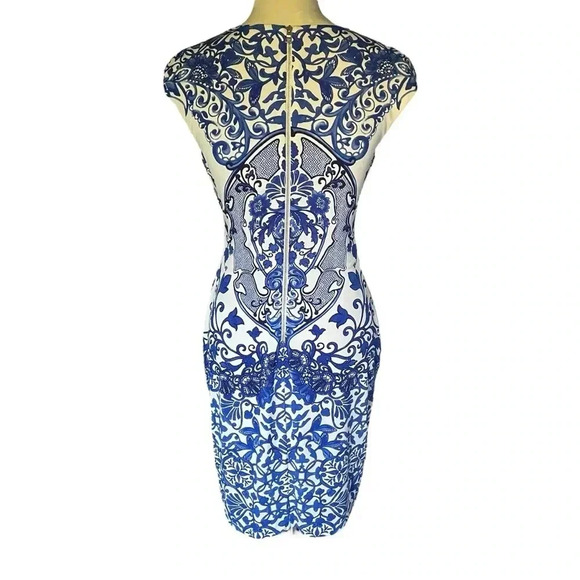 Boston Proper China Lattice Sheath Floral Blue White Mini Dress Women Size 10 - Picture 4 of 7